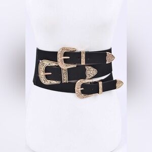 Western Triple Buckle Vegan Leather Elastic Statement Belt